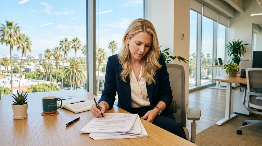 Escrow duties California — blonde woman reviewing legal documents at a California office desk