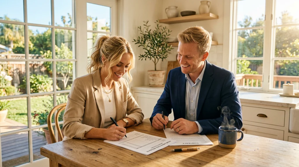 Escrow holdback in California — escrow officer reviewing repair estimate with real estate agent at kitchen table