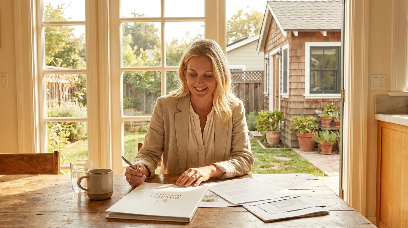ADU escrow California: woman reviewing AB 1033 documents with ADU cottage visible through window
