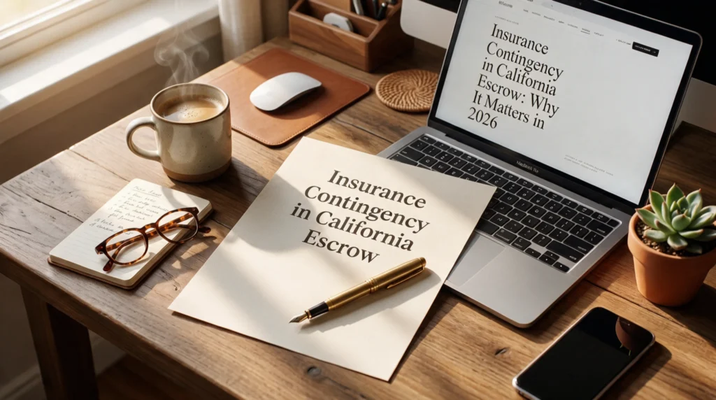 Real estate agent and clients reviewing an insurance contingency document during a California escrow closing